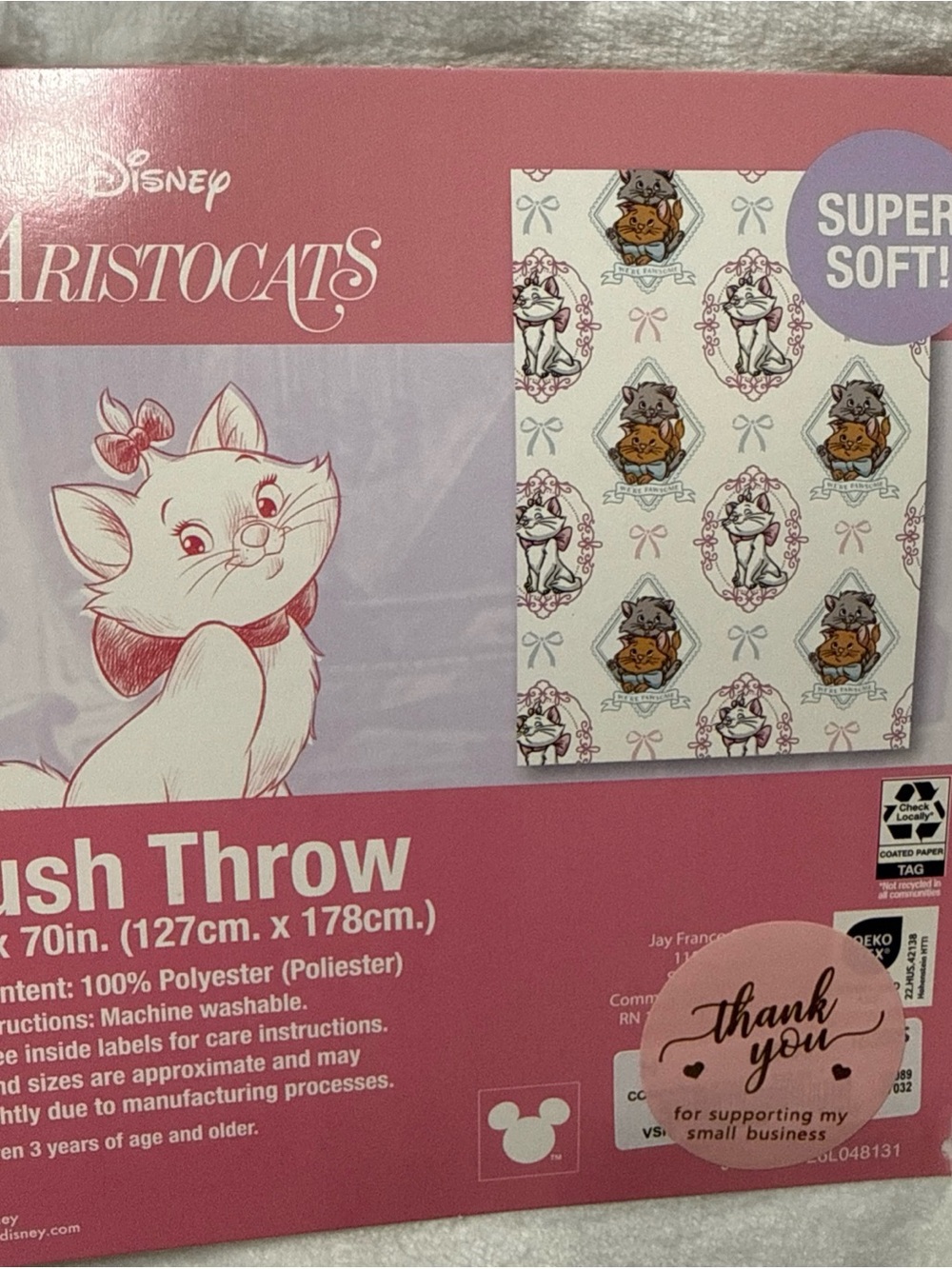 New Disney's The Aristocats Marie, Toulouse & Berlioz White Plush Throw Blanket - Picture 3 of 6